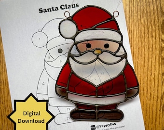 Stained Glass Pattern - DIGITAL FILE (Pdf & Png) - Santa Claus Christmas Holiday- Beginner/Easy Suncatcher Template-Hobby Commercial License