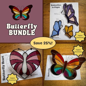 Puede incluir: Imagen de un conjunto de mariposas con diseños de mariposas de vidrieras en varios colores. La imagen incluye una mariposa en forma de corazón, mariposas en vuelo y una mariposa con alas de arcoíris. El texto incluye "Butterfly Bundle" y "Save 25%!"