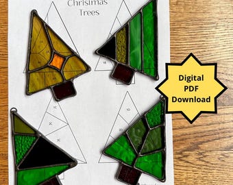 Stained Glass Pattern - DIGITAL FILE (pdf & png) - Christmas Trees Ornaments - Beginner/Easy Small Suncatcher Template - Garden/Plant Stake