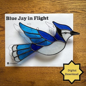 May include: A stained glass Blue Jay in Flight pattern featuring a blue and white bird design with numbered sections for assembly. The document includes the text Blue Jay in Flight, Jump Ring Placement, and a Digital Download star icon.