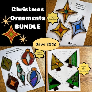 Stained Glass Pattern BUNDLE  Christmas Ornaments - DIGITAL FILE (pdf png) - Trees Stars Balls Bauble McM -Beginner/Easy Suncatcher Template