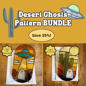 May include: A digital pattern bundle named "Desert Ghosts" with stained glass designs. The image shows a UFO, cactus, and ghost. The bundle is available as a digital PDF download and is on sale with a 25% discount.