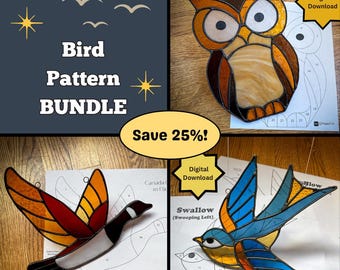 Stained Glass Pattern BUNDLE Birds - DIGITAL FILE (Pdf Png) -Swallow Owl Canada Goose - Beginner/Easy Suncatcher Template-Commercial License