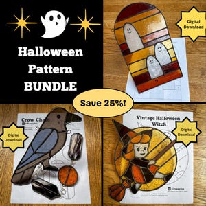 May include: A Halloween pattern bundle with stained glass designs of a crow, ghosts, and a witch. Each design is a digital download. The image has a black background with the words "Halloween Pattern BUNDLE" and "Save 25%!"