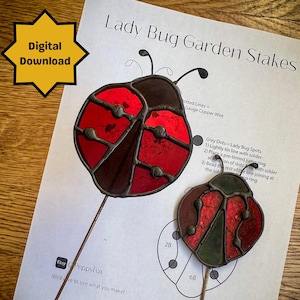 Stained Glass Pattern - DIGITAL FILE (pdf png) - Ladybug Garden/Plant Stakes - Beginner/Easy Suncatcher Template - Valentine&#39;s Day Love Bug