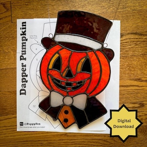 Stained Glass Pattern - DIGITAL FILE (Pdf & Png) - Dapper Pumpkin Retro Vintage Halloween - Beginner/Easy Suncatcher Template - License