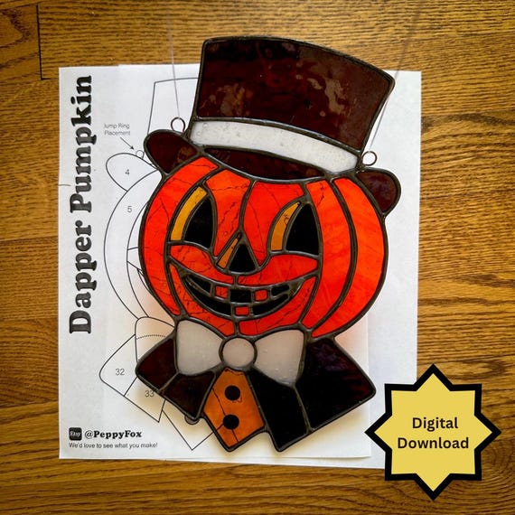 Stained Glass Pattern - DIGITAL FILE (Pdf & Png) - Dapper Pumpkin Retro Vintage Halloween - Beginner/Easy Suncatcher Template - License