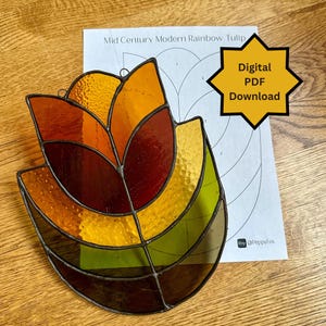 Stained Glass Pattern - DIGITAL FILE (pdf png) - Tulip Flower Rainbow MCM - Beginner/Easy Suncatcher Template - Hobby and Commercial License