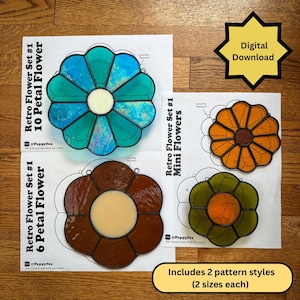 May include: A digital download pattern set for stained glass flowers including Retro Flower Set #1 10 Petal Flower, 6 Petal Flower, and Mini Flowers. The sheets feature outlines for assembly, jump ring placement, and text labels for each design.