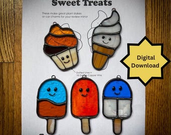 Stained Glass Pattern - DIGITAL FILE (pdf png) - Ice Cream Cone Cupcake Popsicle Garden/Plant Stakes Car Charm - Beginner/Easy Template
