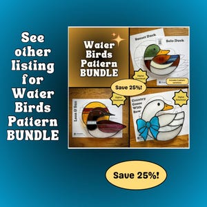 May include: A collection of water bird pattern designs. The image displays patterns for a sunset duck, a solo duck, a loon, and a country goose with a bow. The text on the image says "Water Birds Pattern Bundle" and "Save 25%!"