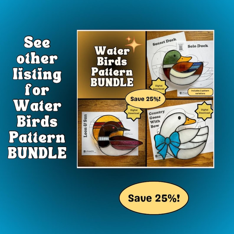 May include: A collection of water bird pattern designs. The image displays patterns for a sunset duck, a solo duck, a loon, and a country goose with a bow. The text on the image says "Water Birds Pattern Bundle" and "Save 25%!"
