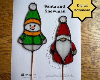 Stained Glass Pattern - DIGITAL FILE (pdf png)-  Santa Claus Snowman Gnome Christmas Ornament Plant Stakes-Beginner/Easy Suncatcher Template