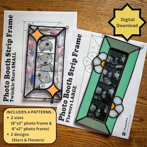 May include: Two stained glass photo booth strip frames on paper patterns. One frame features orange star accents and a fox illustration. The other frame has light green glass and white flower accents containing a black and white photo strip.