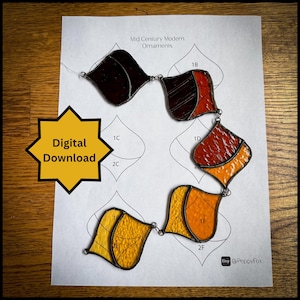 May include: Digital download pattern for a stained glass ornament project. The pattern is for a chain of five diamond-shaped ornaments with a mid-century modern design. The ornaments are in shades of brown, orange, and yellow.