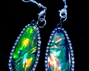 Jade Earrings with Faux Diamonds, Jade Jewelry, Iridescent Earrings, Silver-Plated Jade Green Earrings, Faux Diamonds, Iridescent Jade
