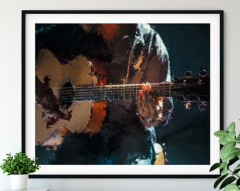 Guitarra acústica impresión - "Strumming" - Regalo del guitarrista, cartel de pintura al óleo, arte de la pared de la guitarra, decoración de pared de la banda del músico, arte del dormitorio