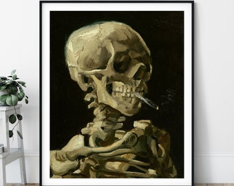 Skull of a Skeleton with Burning Cigarette Print - 19th Century Vincent Van Gogh Painting, Dark Art, Macabre Wall Art, Vintage Reproduction