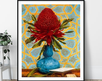 Waratah Print - Lucien Henry, Antique Floral Wall Art, Vintage Still Life Painting, Flower Art, Modern Bright Flowers, Grandmillennial Art