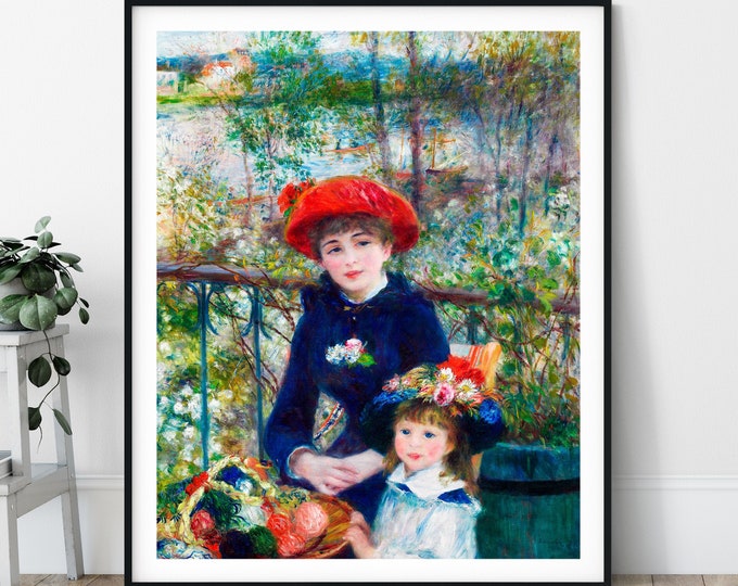 Two Sisters on a Terrace Print - Pierre Auguste Renoir Poster, Antique Wall Art, Vintage Portrait Painting, 1800s Impressionist Wall Decor