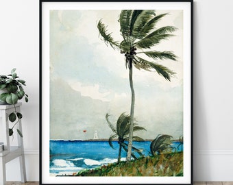 Winslow Homer Palm Tree Print - Tropical Wall Art, Palm Tree Art, Vintage Palm Tree Print, Beach Landscape Print, Antique Ocean Painting