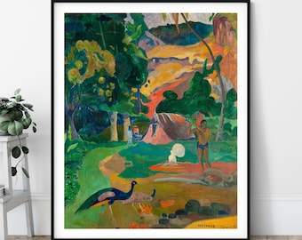 Landscape with Peacocks Print - Paul Gauguin, Tahitian Painting, Polynesian Wall Art, Tropical Forest Wall Decor, Motamoe Poster, Gift