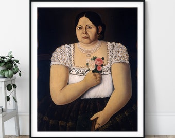 Portrait of a Native Puebla Woman with a Bouquet of Roses Print - Mexican Art, Fashion Painting, People Portrait, Latin American Wall Art