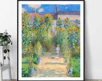 19th Century Claude Monet Print - The Artist's Garden at Vétheuil, Antique Floral Wall Art, Landscape Art, Sunflower Painting, Impressionist