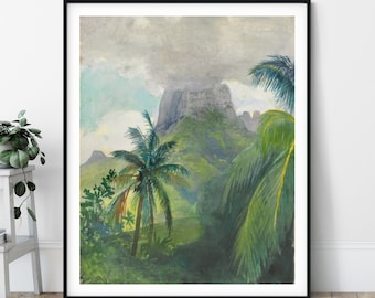 The Peak of Maua Roa Noon Print - John La Farge, Moorea Island Tahiti, French Polynesia Art, Volcano Painting, Tropical Wall Art, Palm Tree