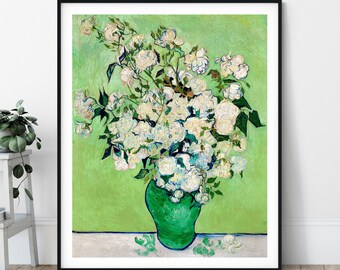 Vincent Van Gogh Roses Print - Antique Green Floral Wall Art, Vintage Rose Art, Post Impressionist Painting, Flower Vase Still Life Poster