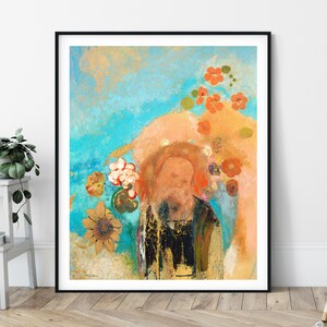 May include: A painting of a bearded man with a halo of flowers, set against a blue and pink background. The man is wearing a dark robe and has a thoughtful expression. The painting is filled with vibrant colors and delicate details.
