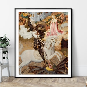 15th Century Saint George Killing the Dragon Print - International Gothic Painting, Medieval Art, Fantasy Wall Art, Knight Decor, Princess