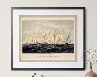 Antique Yacht Print - Vintage Yacht Art, Sailing Print, Sailing Gift, Sailboat Print, Sailboat Art, Sailboat Gift, Sailor, Yachting Wall Art