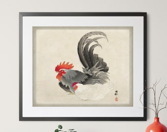 Vintage Japanese Chicken Print, Antique Japanese Art, Rooster Wall Art, Japanese Print, Bird Print, Asian Wall Art, Chicken Art, Kitchen Art