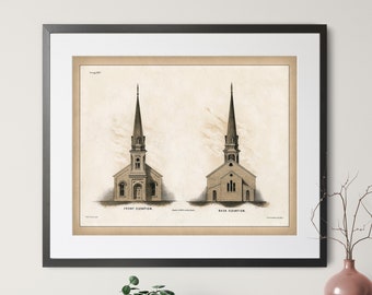 Vintage Church Architecture Print - Antique Architecture Art, Architecture Gift, American Architecture Illustration, Christian Art, Gift