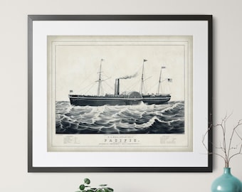 Antique Steam Ship Print - Vintage Ship Art, US Mail Steam Ship, US History Gift, Boat Art, Boat Print, Postal Service, History Buff