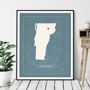 Art personnalisé du Vermont - coeur sur n'importe quelle ville - silhouette de carte d'état personnalisée, cadeau personnalisé, impression d'amour de ville natale, carte de coeur de voyage