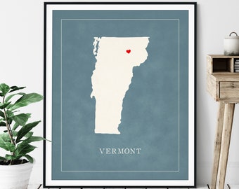 Custom Vermont Art - Heart Over ANY City - Customized State Map Silhouette, Personalized Gift, Hometown Love Print, Travel Heart Map