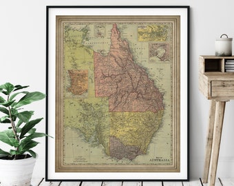 1897 Australia Map Print, Vintage Australia Map Art, Antique Map, Eastern Australia Art, Old Map, Australia Print, NSW, Victoria, Queensland