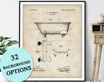 Bathtub Patent Print - Customizable Claw Foot Bath Tub Blueprint Plan, Guest Bathroom Art Poster, Master Bathroom Wall Decor, Shower, Gift