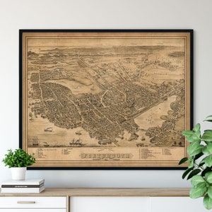 1877 Portsmouth New Hampshire Birds Eye View Print - vintage Map Art, Antique Street Map Print, Aerial View Poster, Historical Art, Wall Art