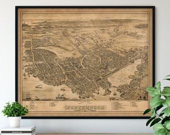 1877 Portsmouth New Hampshire Birds Eye View Print - Vintage Map Art, Antique Street Map Print, Aerial View Poster, Historical Art, Wall Art