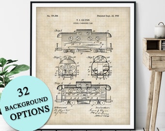 Train Caboose Patent Print - Customizable Railroad Car Blueprint Plan, Train Lover Gift, Locomotive Poster, Railway Art, Train Buff, Railfan