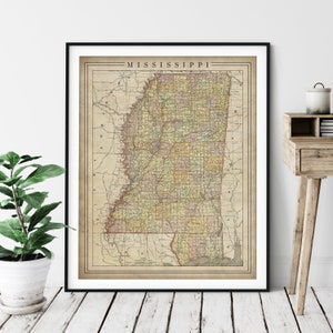 1897 Mississippi Map Print, Vintage Map Art, Antique Map, Old Map, County Map Wall Art, State Map, Mississippi Art, Mississippi Print, Gift