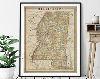 1897 Mississippi Map Print, Vintage Map Art, Antique Map, Old Map, County Map Wall Art, State Map, Mississippi Art, Mississippi Print, Gift