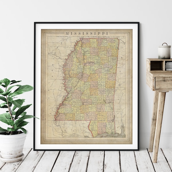 1897 Mississippi Map Print, Vintage Map Art, Antique Map, Old Map, County Map Wall Art, State Map, Mississippi Art, Mississippi Print, Gift