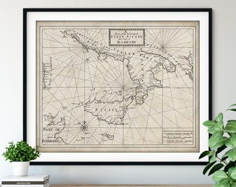 1750 Italian Coast & Sicily Map Print, Vintage Sea Map Art, Antique Italy Map Wall Art, Old Map Poster, Sailing Gift, Nautical Chart, Sailor