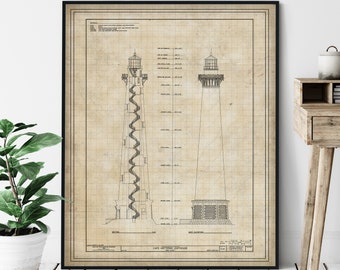 Cape Hatteras Lighthouse Elevation Print - Lighthouse Art, Architectural Drawing, Coastal Wall Decor, Nautical Print, Outer Banks NC, Gift