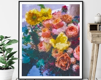 Flowers Print - Floral Oil Painting Poster, Pretty Wall Decor, Flower Bouquet Wall Art, Abstract Roses, Gift for Gardener, Plant Lover Gift