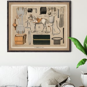 May include: An antique illustration of horse riding equipment, including a saddle, bridle, stirrups, and other accessories. The illustration is in a vintage style with a brown background and white text. The text reads "Alp. Camille Jrs. Paris".
